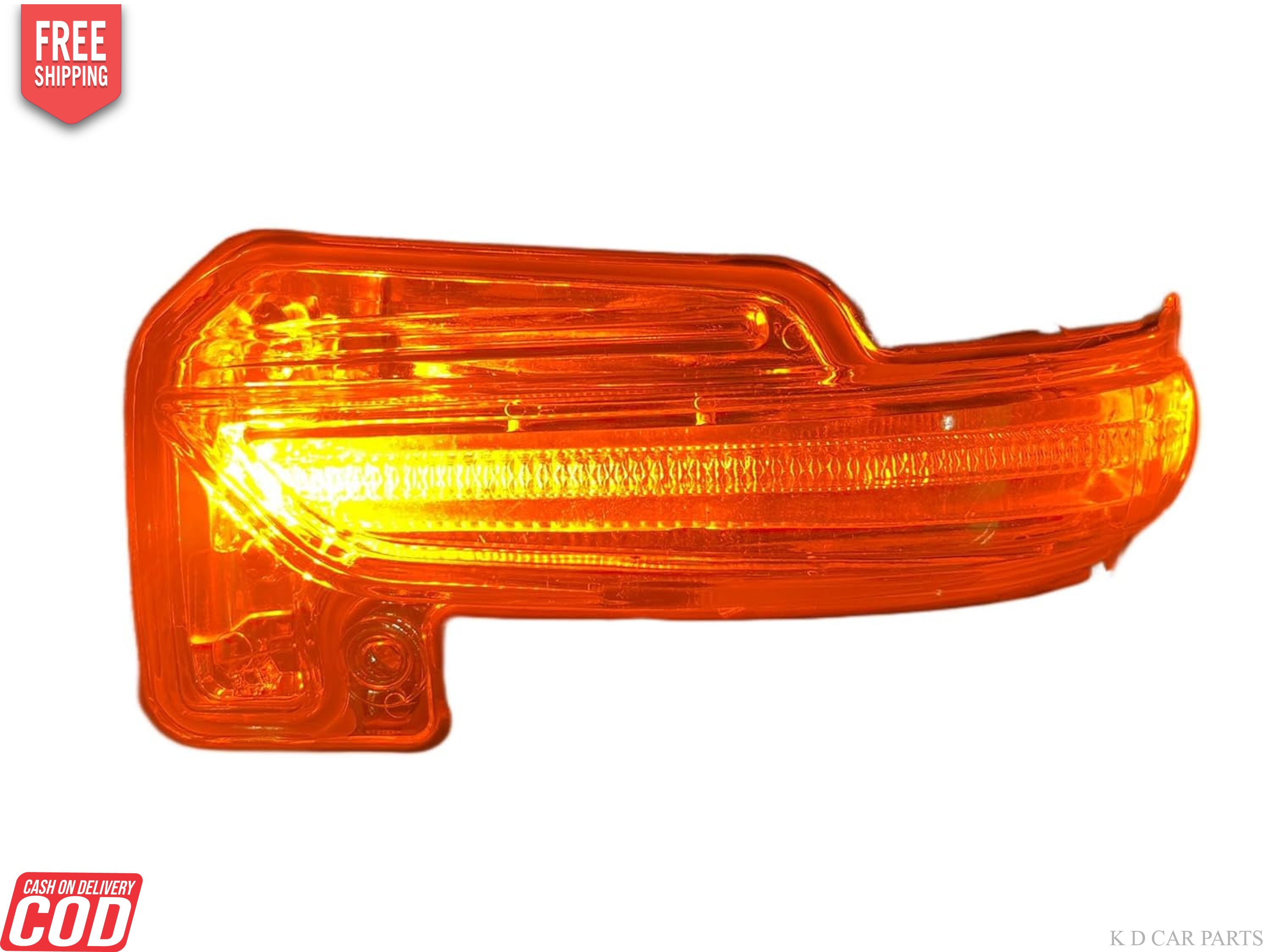 A K D brand side mirror indicator for vehicles, showing both the mirror assembly with built-in turn signal and the mirror's reflection in a separate image.