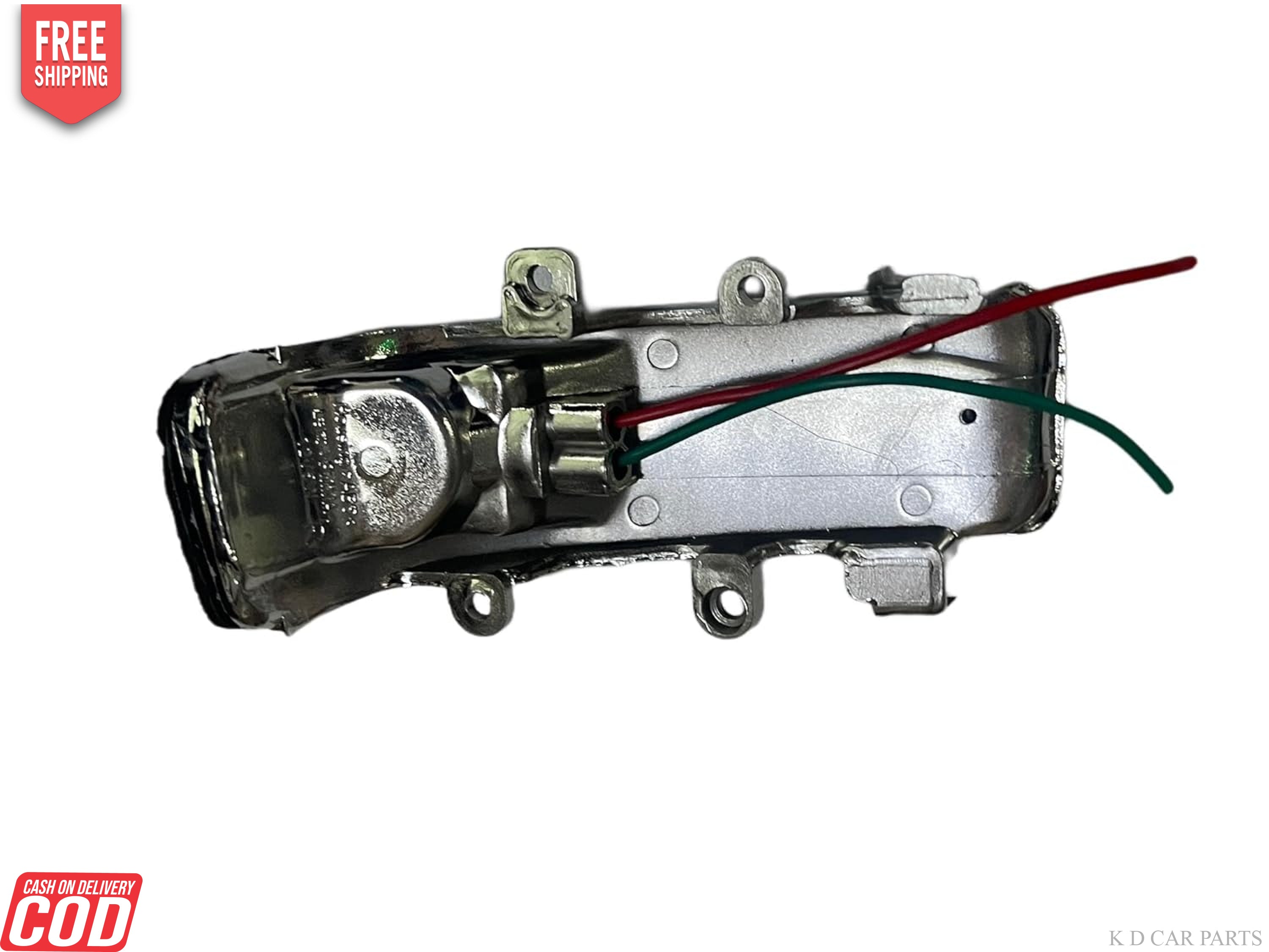 A black side mirror indicator for a vehicle, featuring a glass lens and built-in lighting, alongside an illustration of how it is installed on a vehicle.