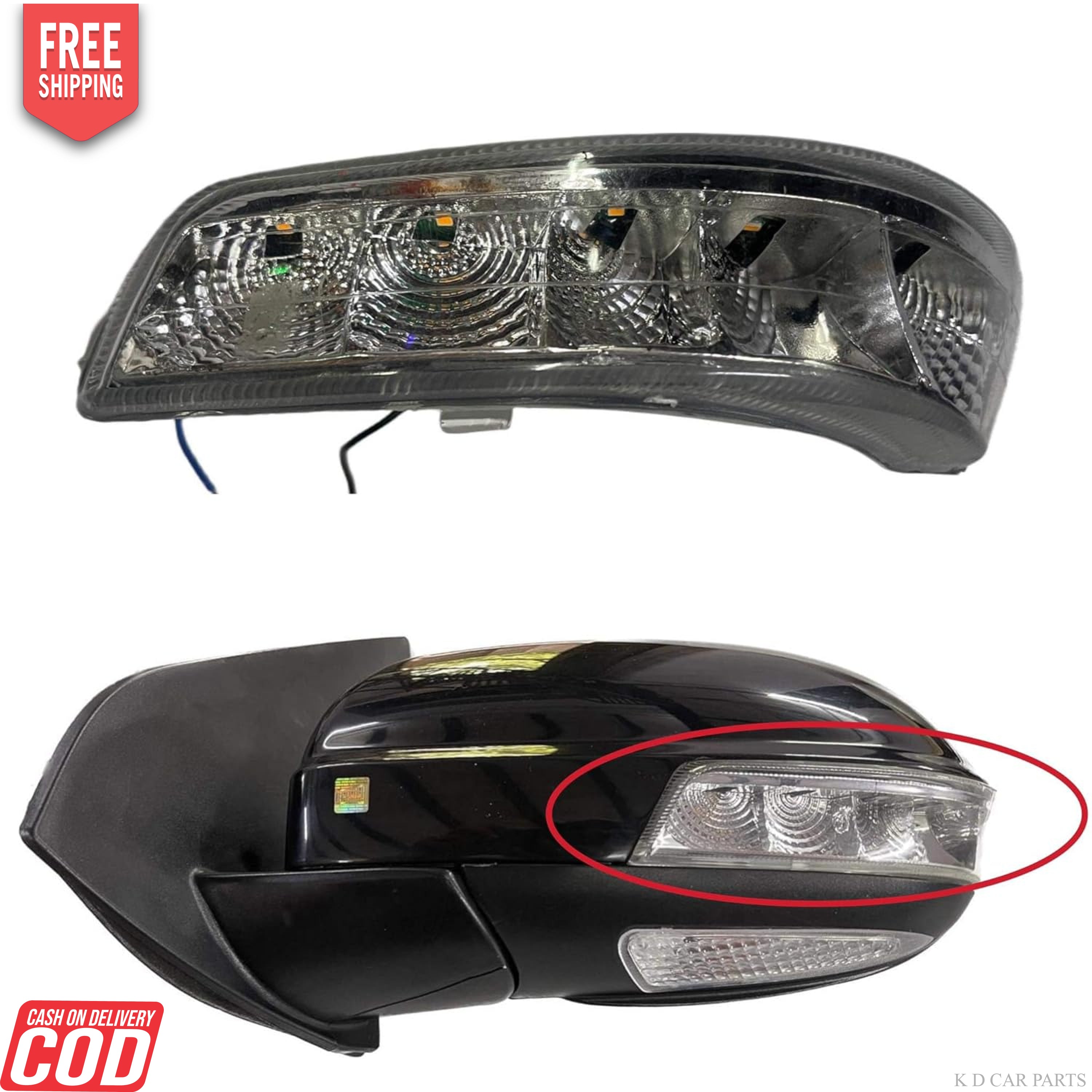 A K D brand side/door mirror indicator for Mahindra XUV500, showing the mirror assembly with clear glass and a black frame, along with a close-up of the mirror with a red highlight indicating the part to be painted.