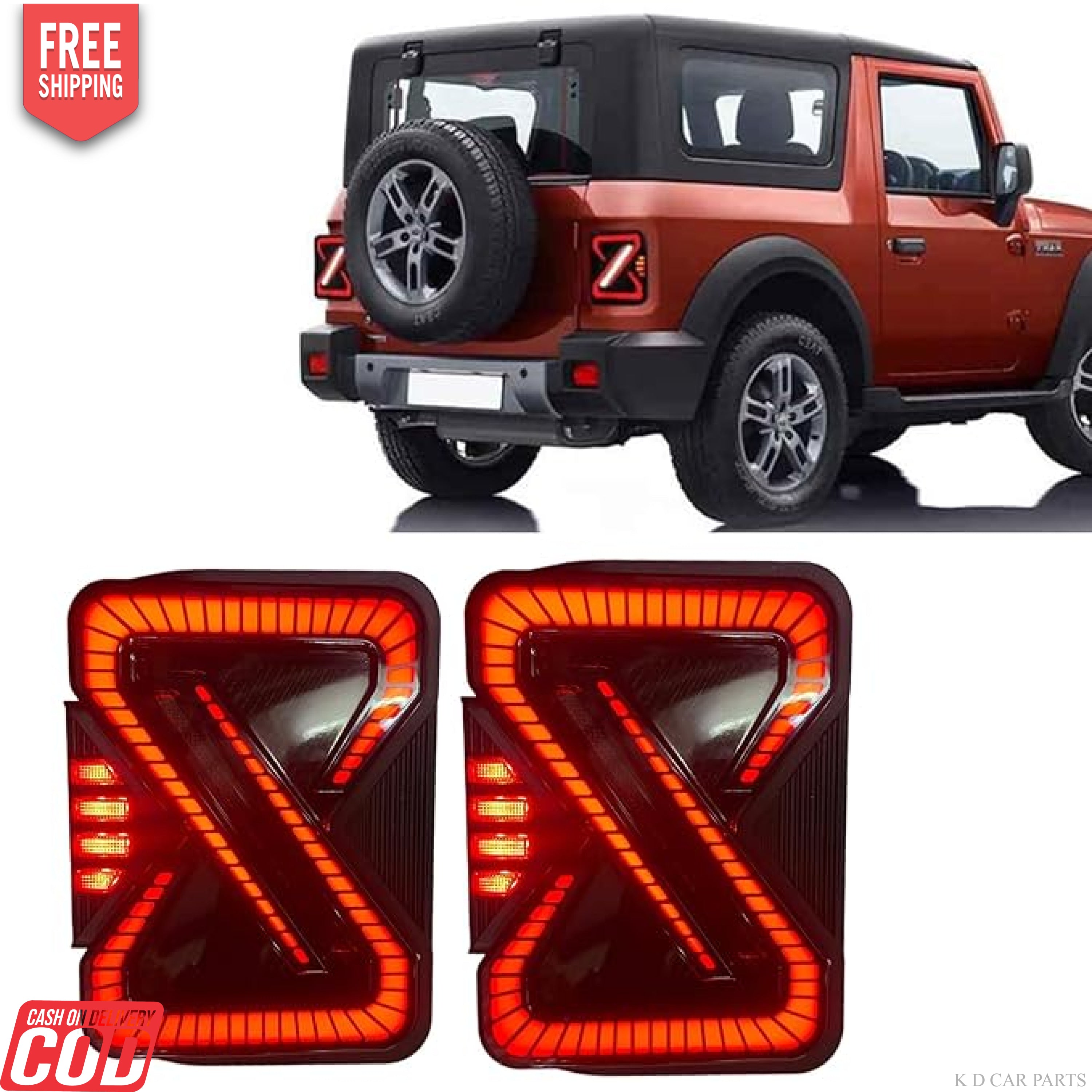 A pair of smoky black LED taillights designed for the Mahindra THAR, displayed in isolation and installed on a vehicle.