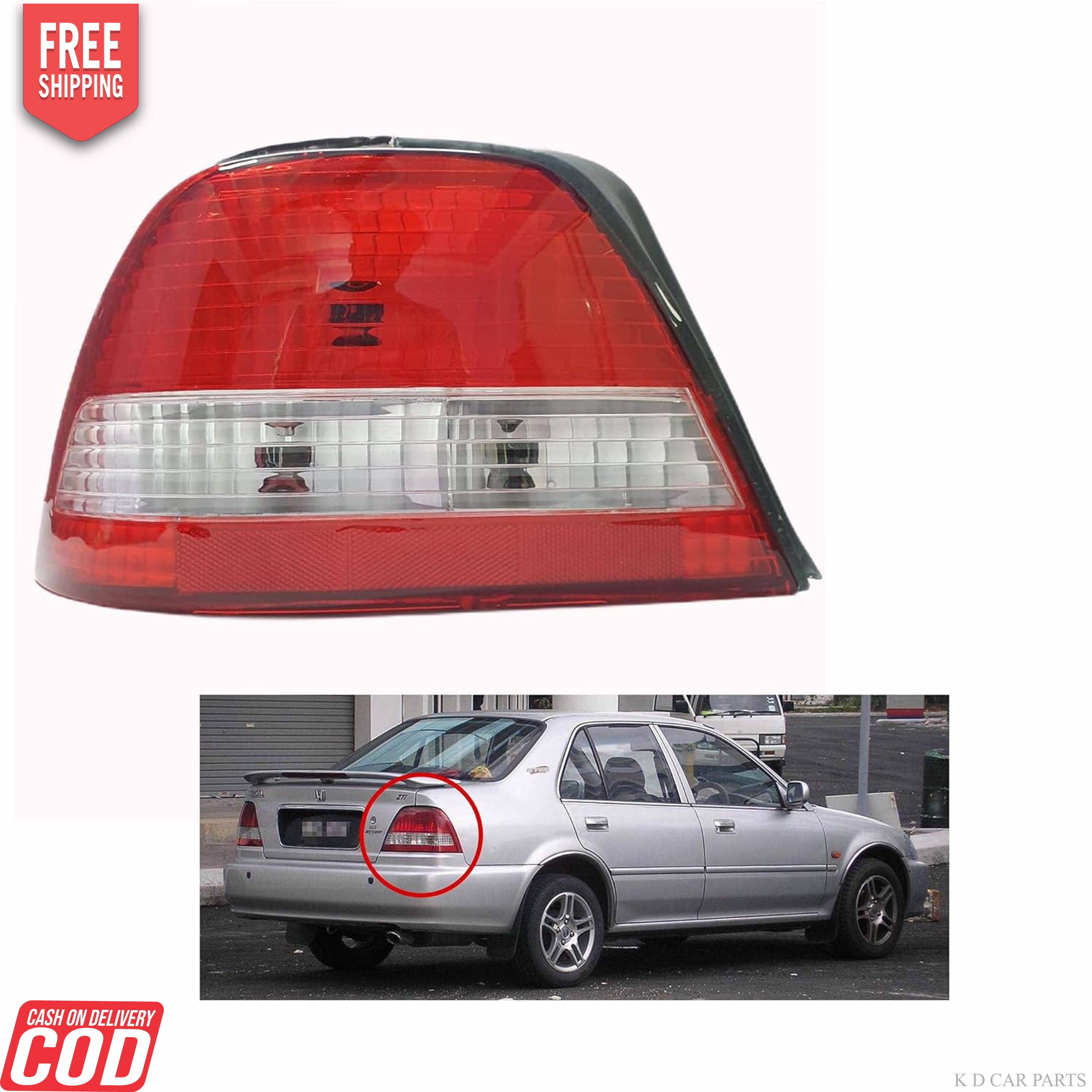 Red tail light assembly for Honda City Type-2 (1998-2003) with a close-up on the left and a picture of a car on the right, indicating the product's use.
