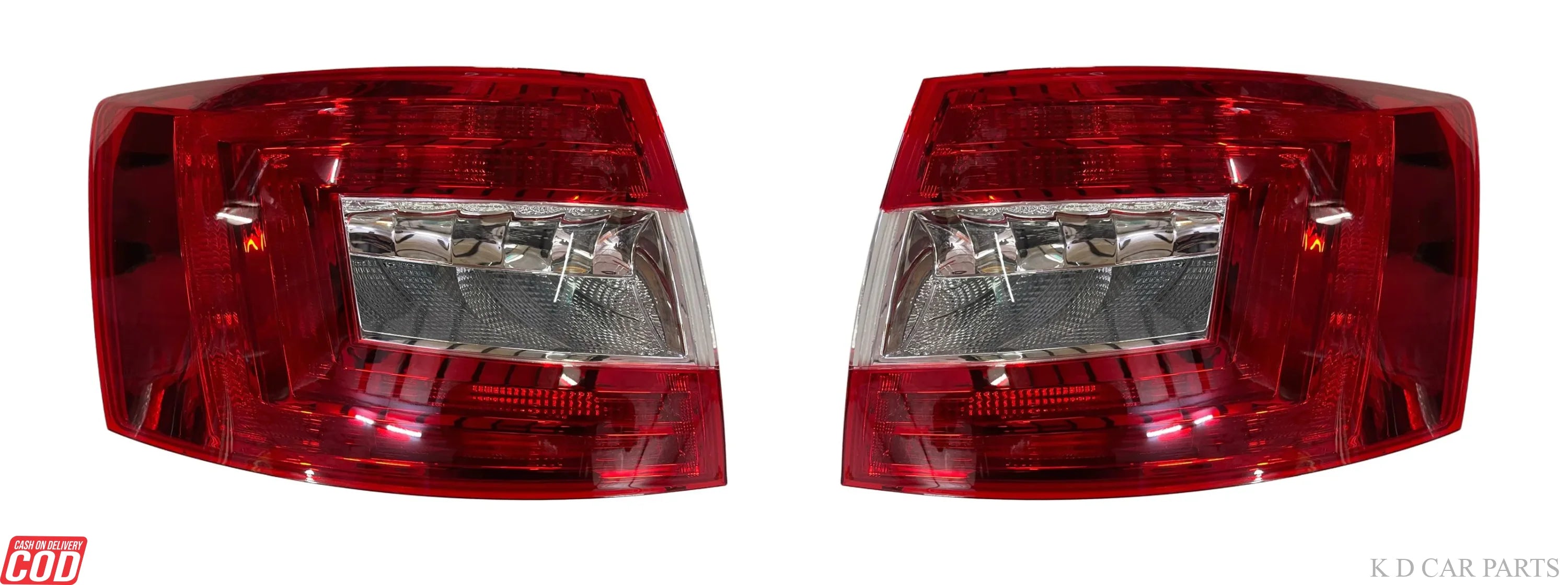 A pair of red K D brand tail lights designed for a Skoda Octavia non-LED vehicle.