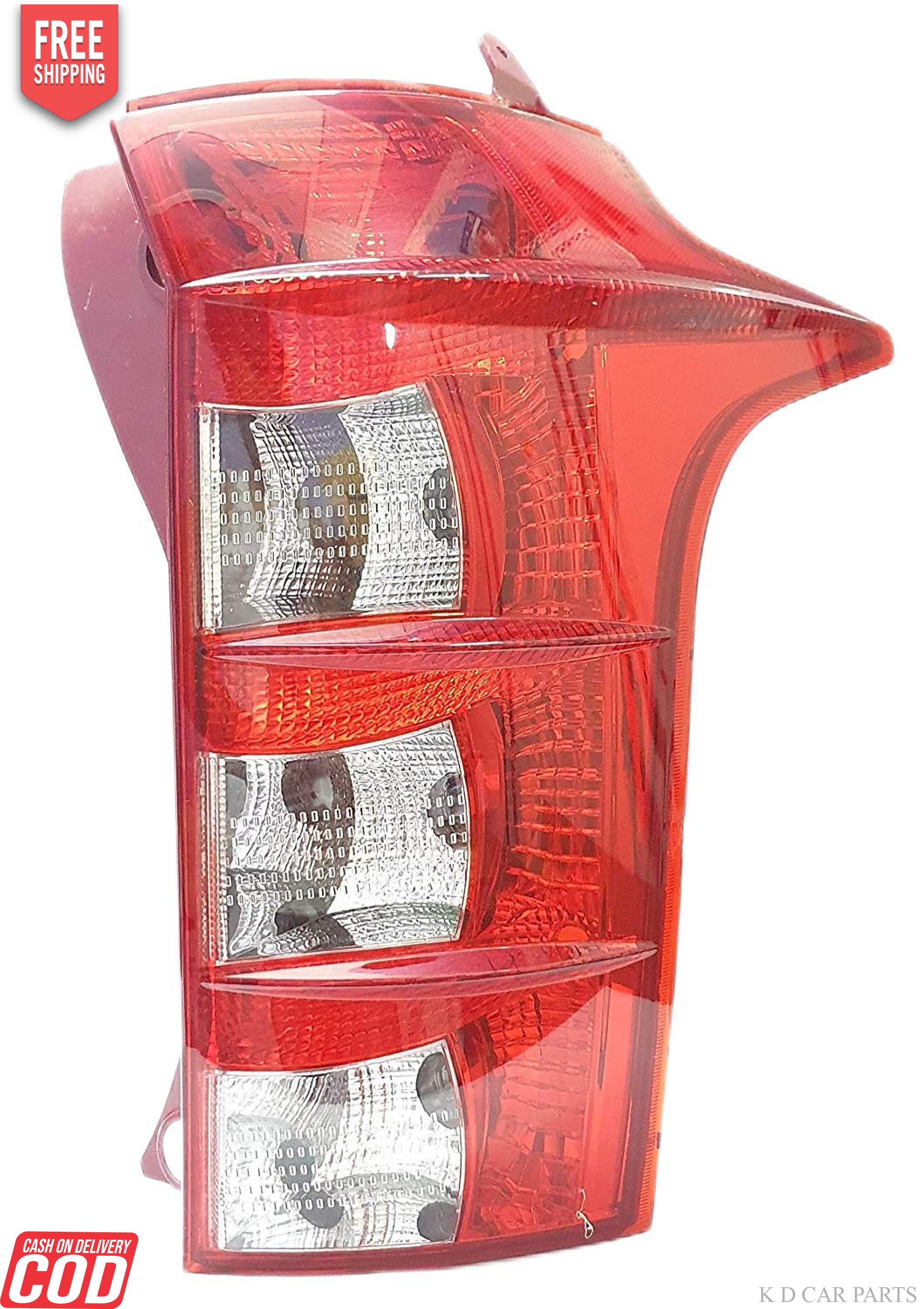 A red tail light for a vehicle, presumably made of plastic and glass, with a clear and red color scheme.