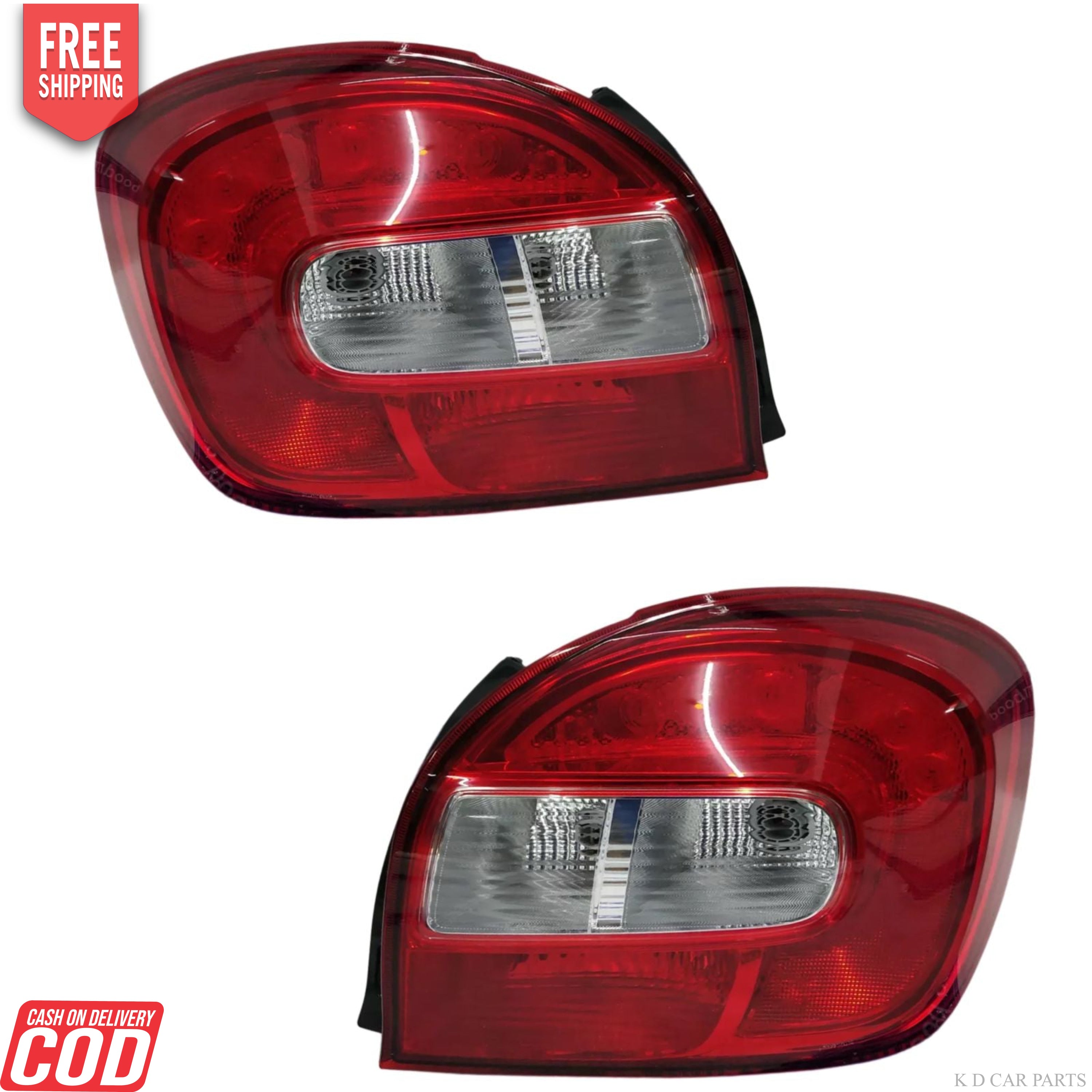 A pair of red tail lights for Maruti Baleno 2015-2022, featuring clear glass and red-black trim.