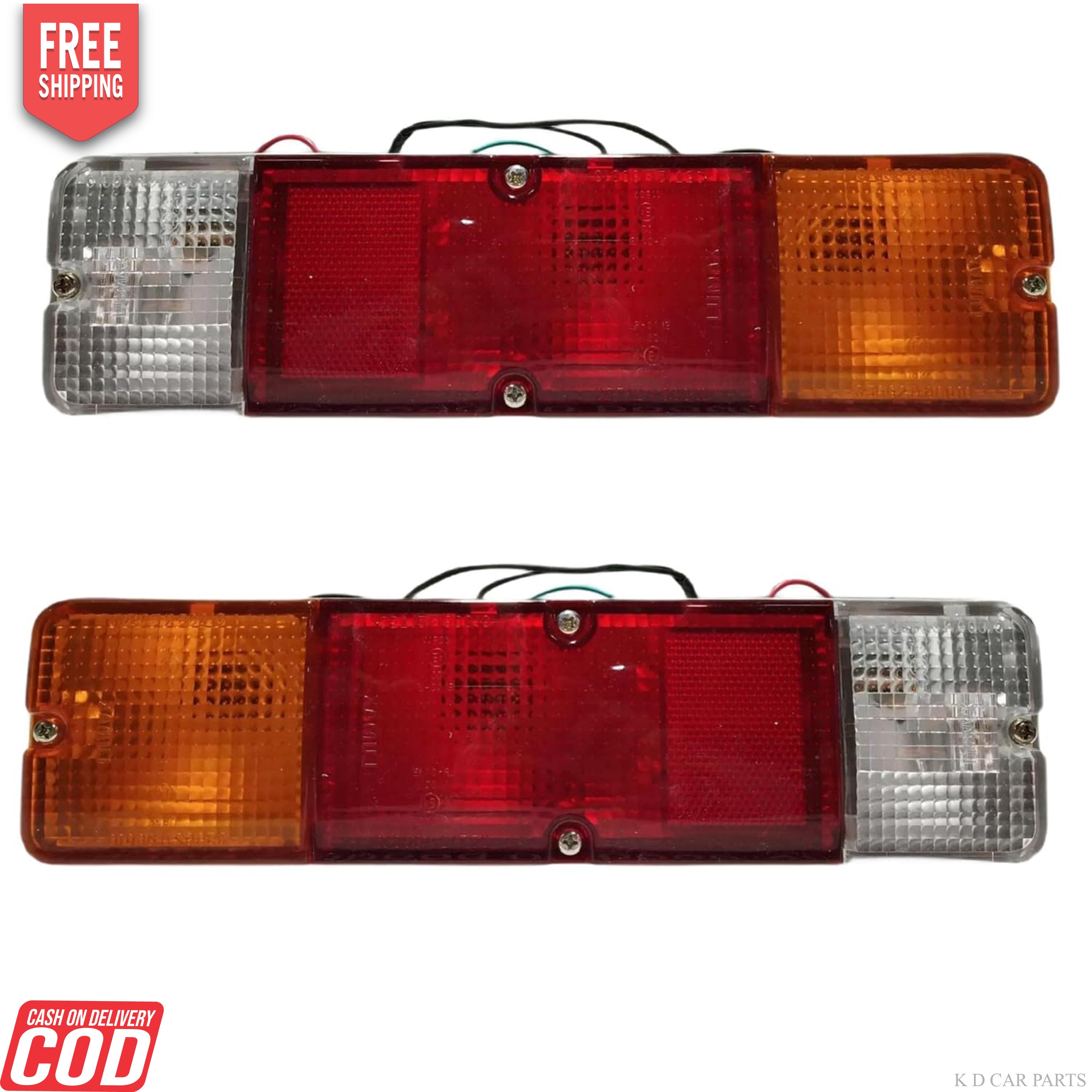 A set of two tail lights for a vehicle, featuring clear, red, and yellow lenses with metal frames.