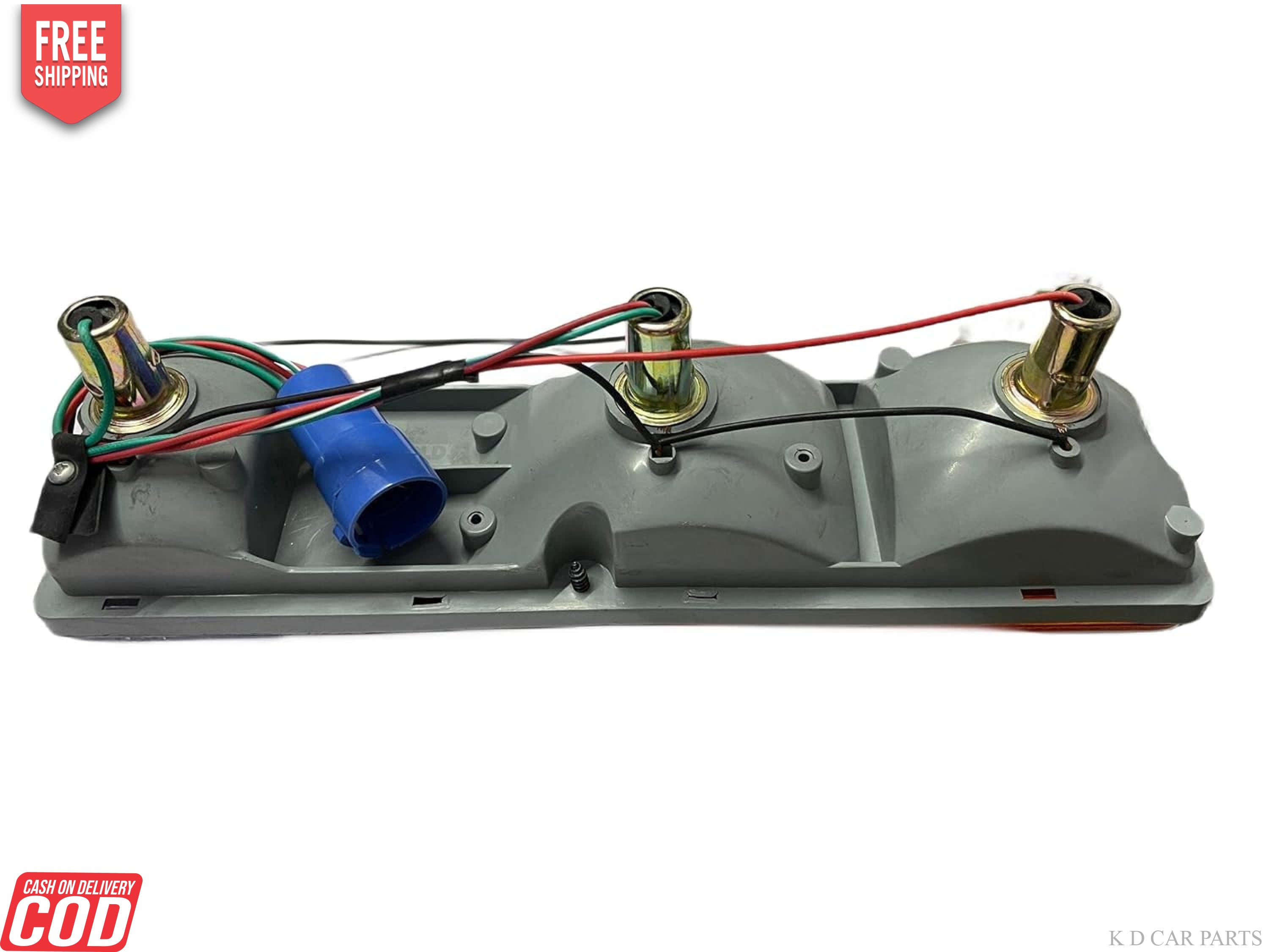 A set of two tail lights for a vehicle, featuring clear, red, and yellow lenses with metal frames.