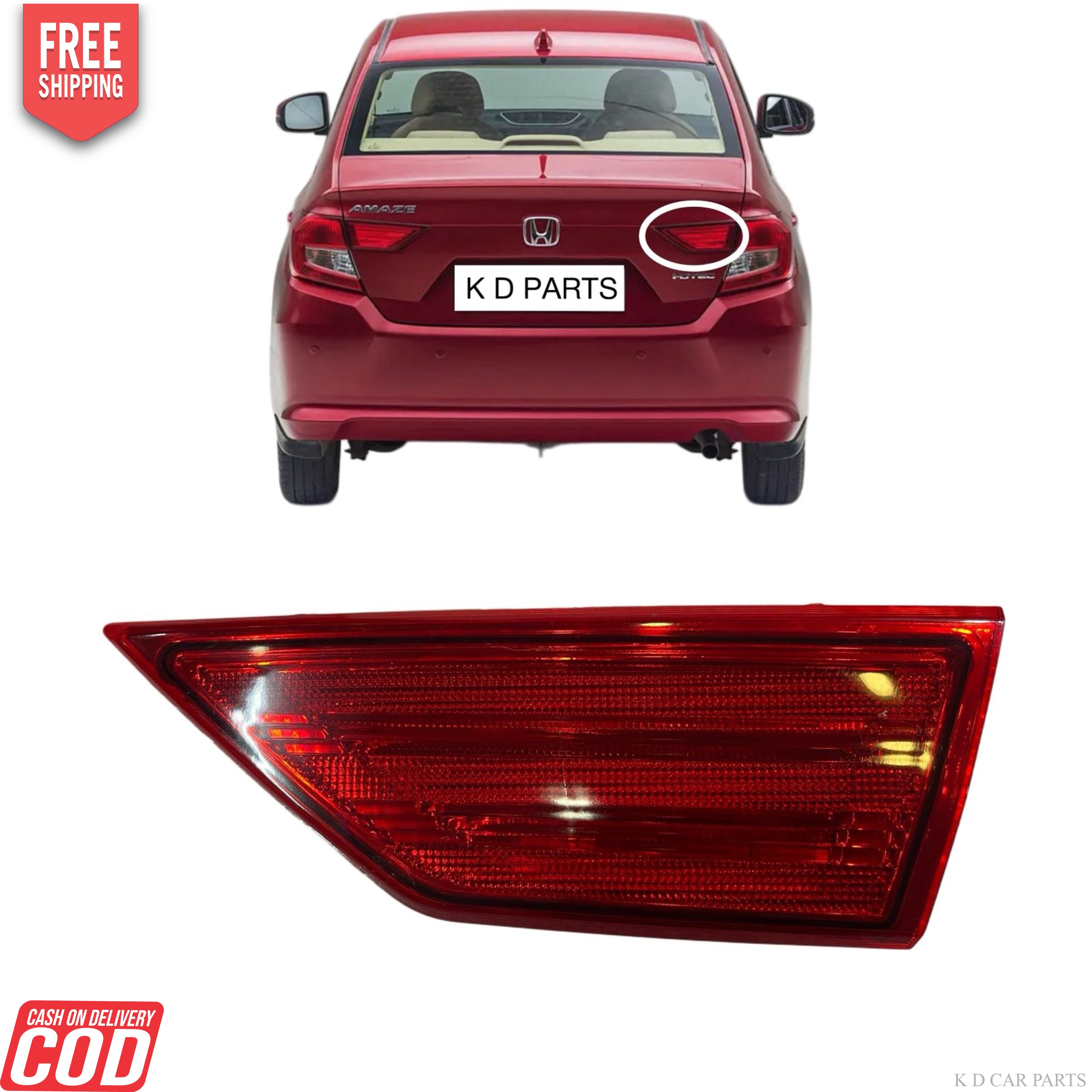 The image shows a pair of red taillight assemblies for the Honda Amaze, with the vehicle in the background to provide context for the product's use.