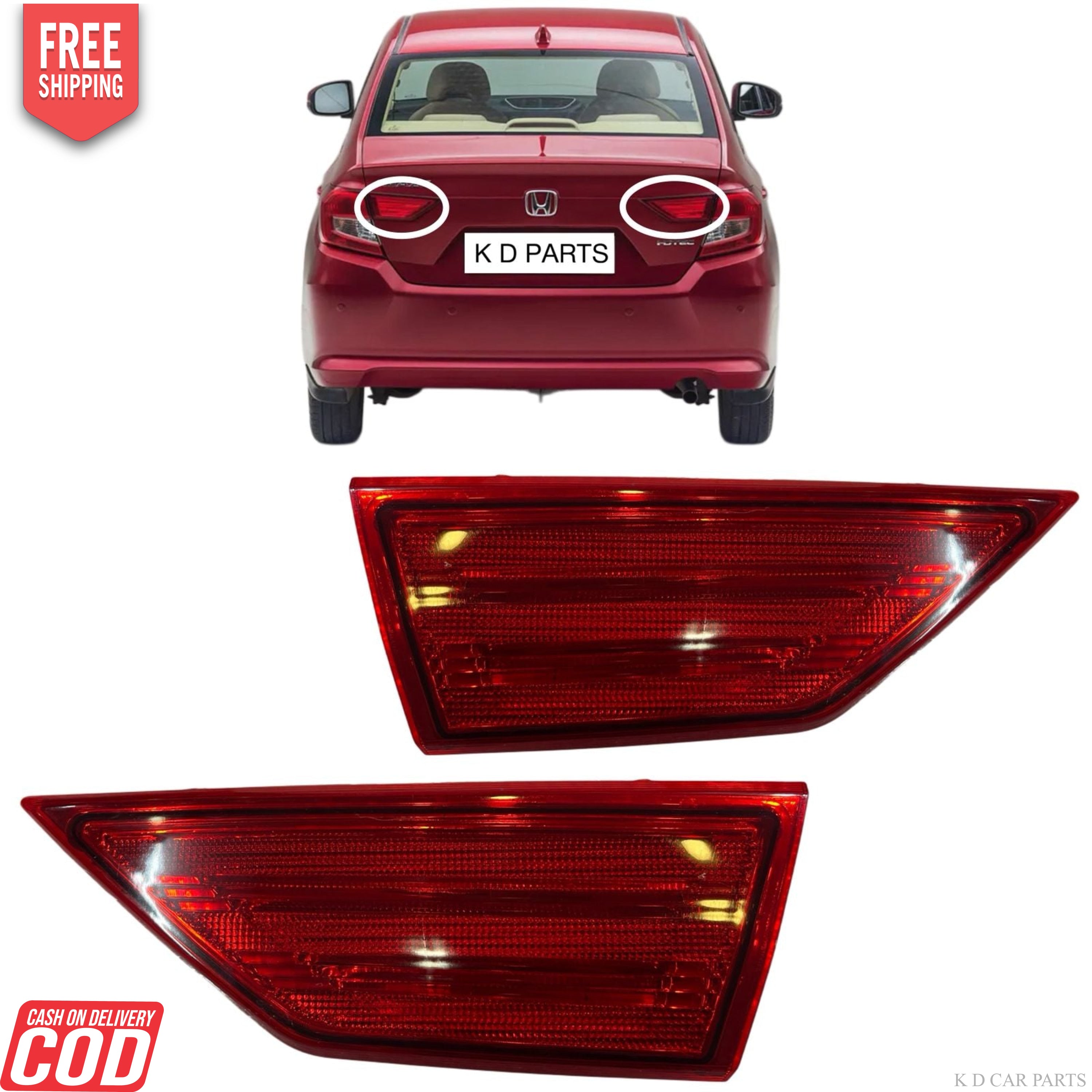 The image shows a pair of red taillight assemblies for the Honda Amaze, with the vehicle in the background to provide context for the product's use.