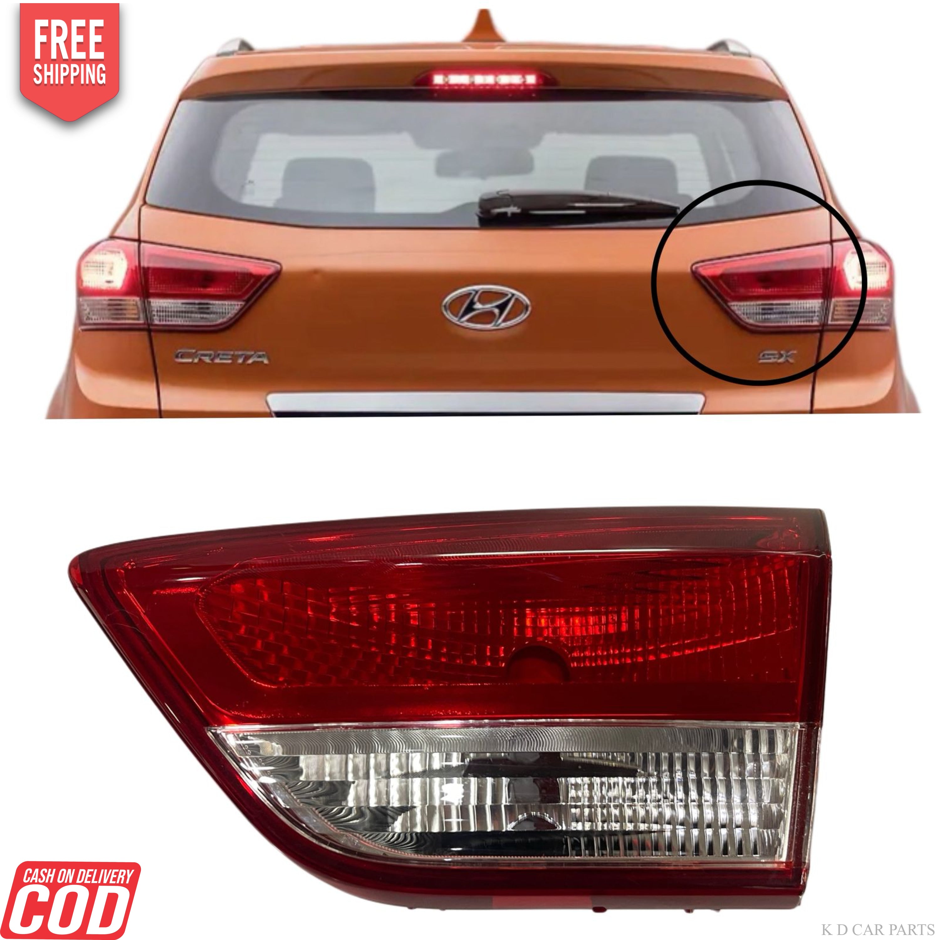 Three red tail lights with clear and red lenses, intended for Hyundai Creta Type 2, displayed against a white background.