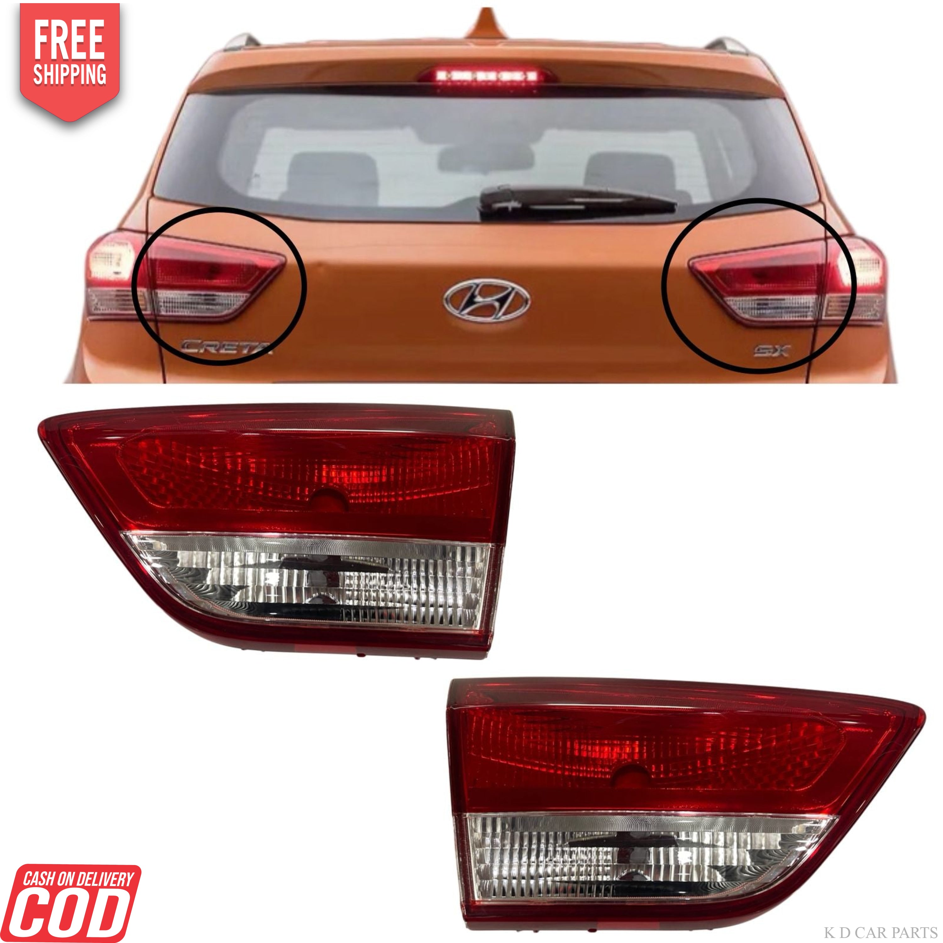 Three red tail lights with clear and red lenses, intended for Hyundai Creta Type 2, displayed against a white background.