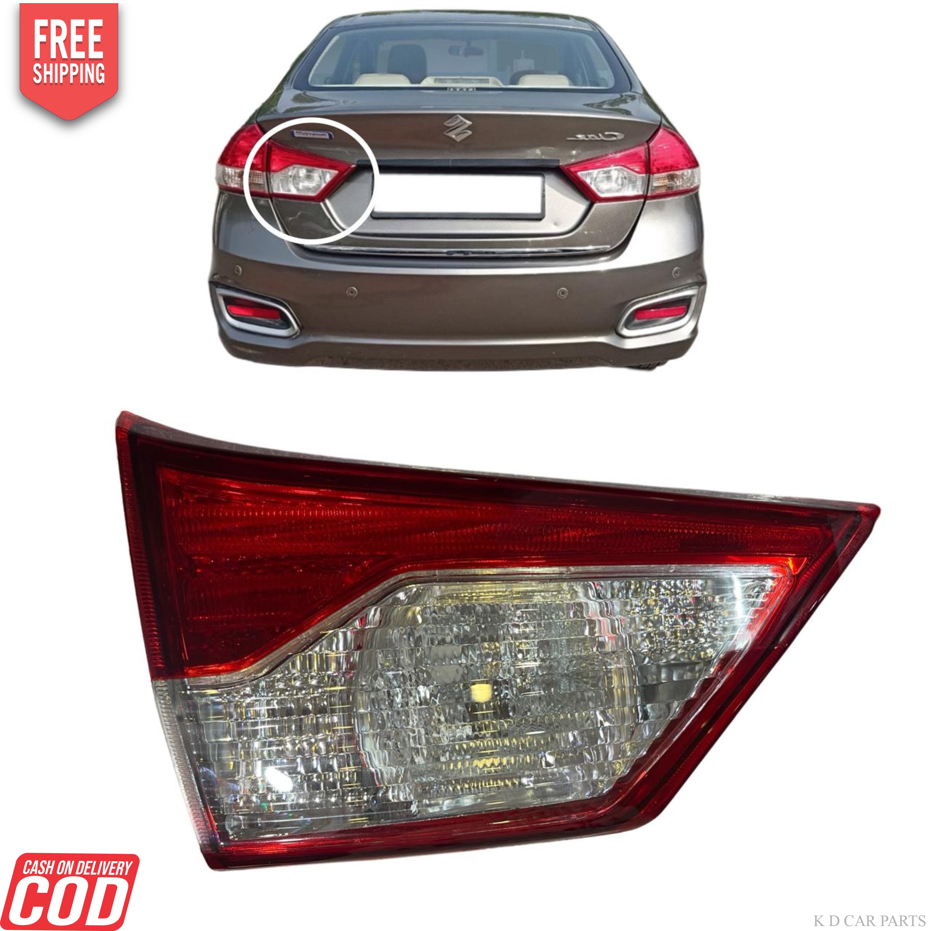 Taillight assembly for Maruti Ciaz featuring red and clear lens configuration with a halogen bulb, displayed alongside the rear end of a brown car showing the current stock light.