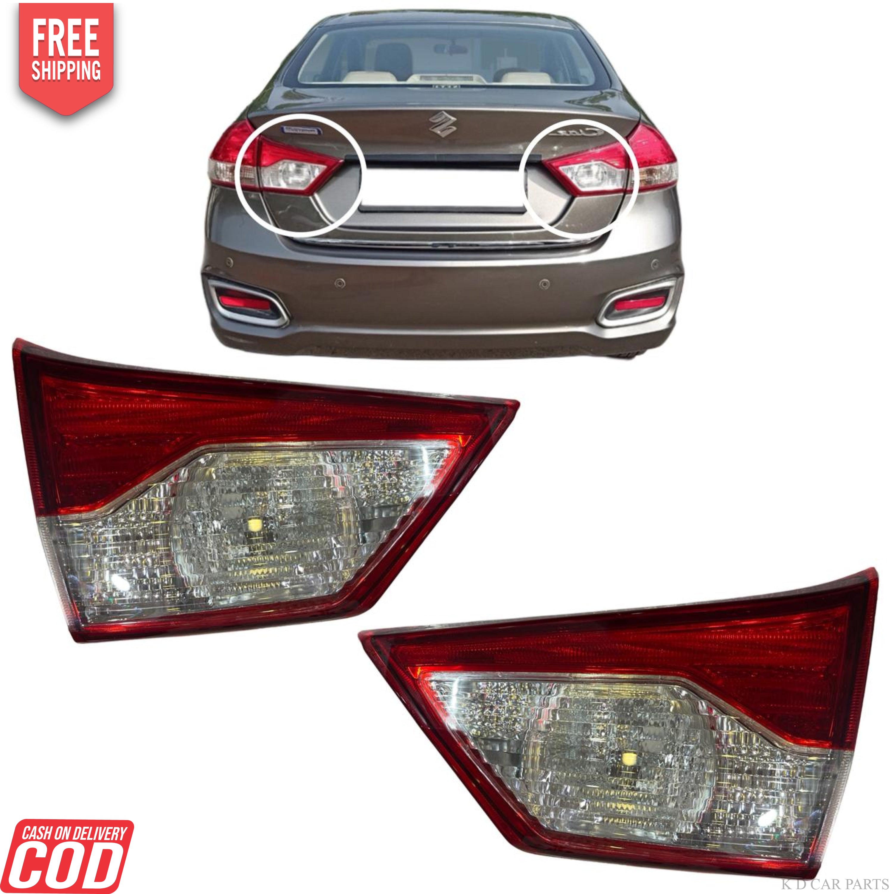 Taillight assembly for Maruti Ciaz featuring red and clear lens configuration with a halogen bulb, displayed alongside the rear end of a brown car showing the current stock light.