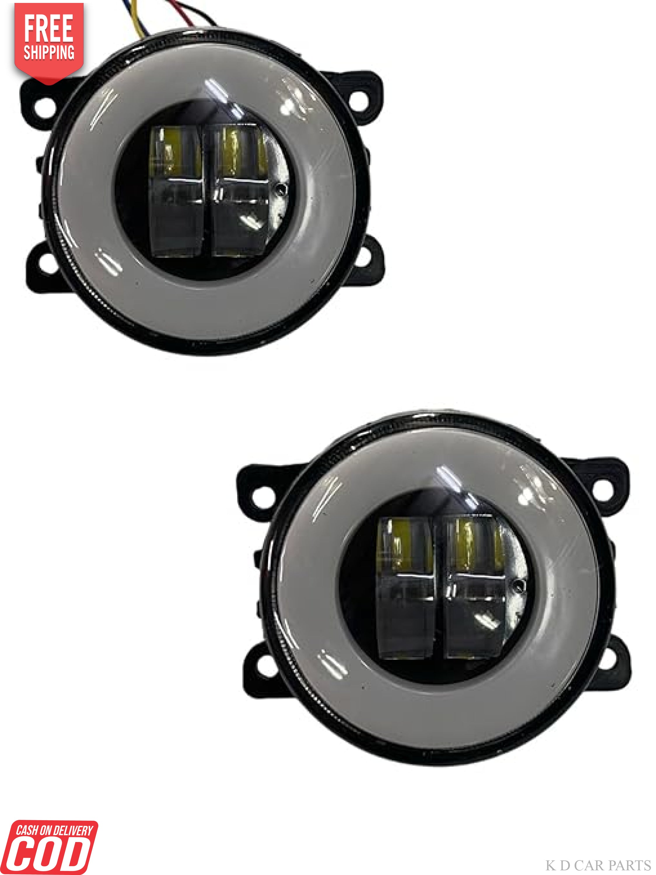 A set of white round LED fog lamps with a black housing, shown in different lighting modes.