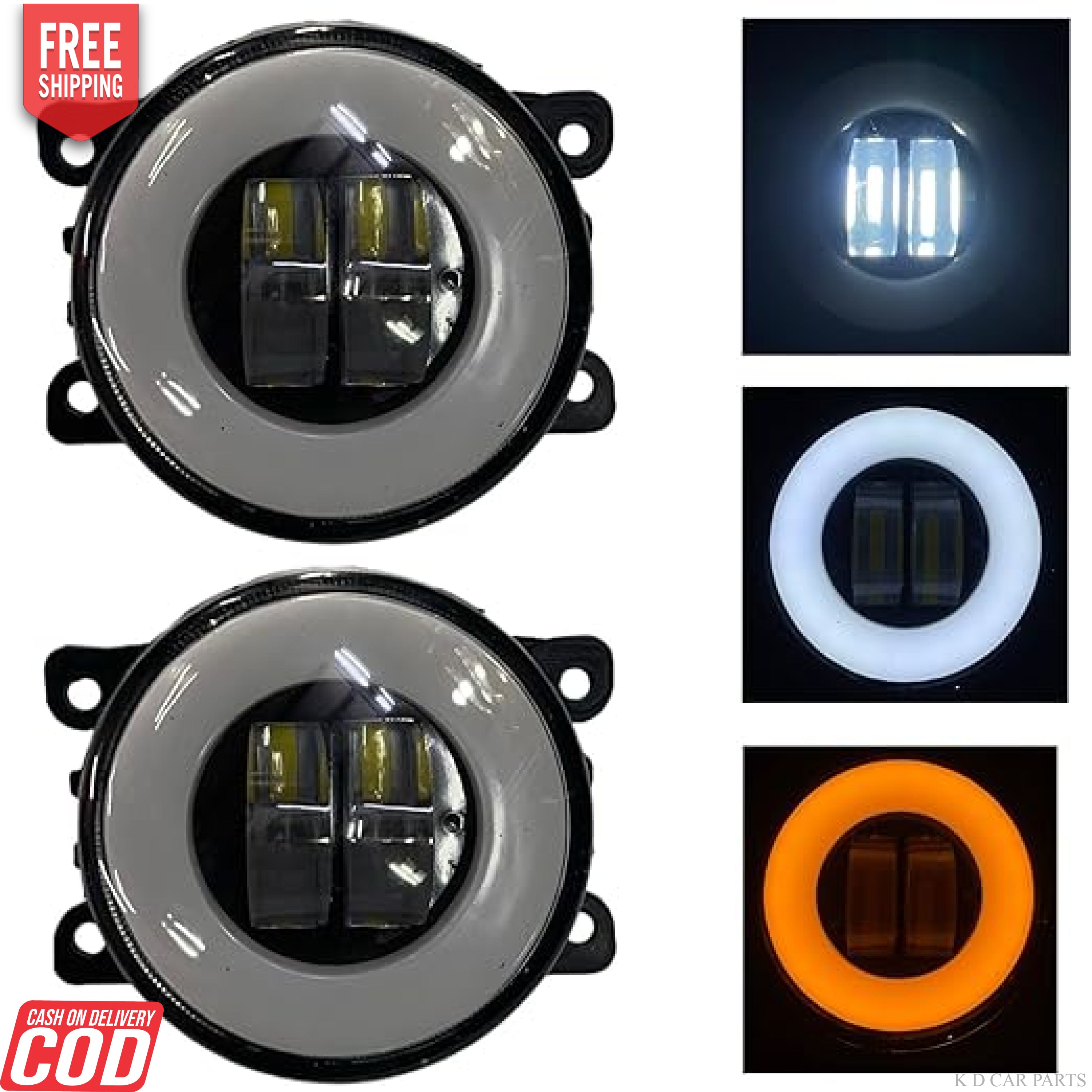 A set of white round LED fog lamps with a black housing, shown in different lighting modes.