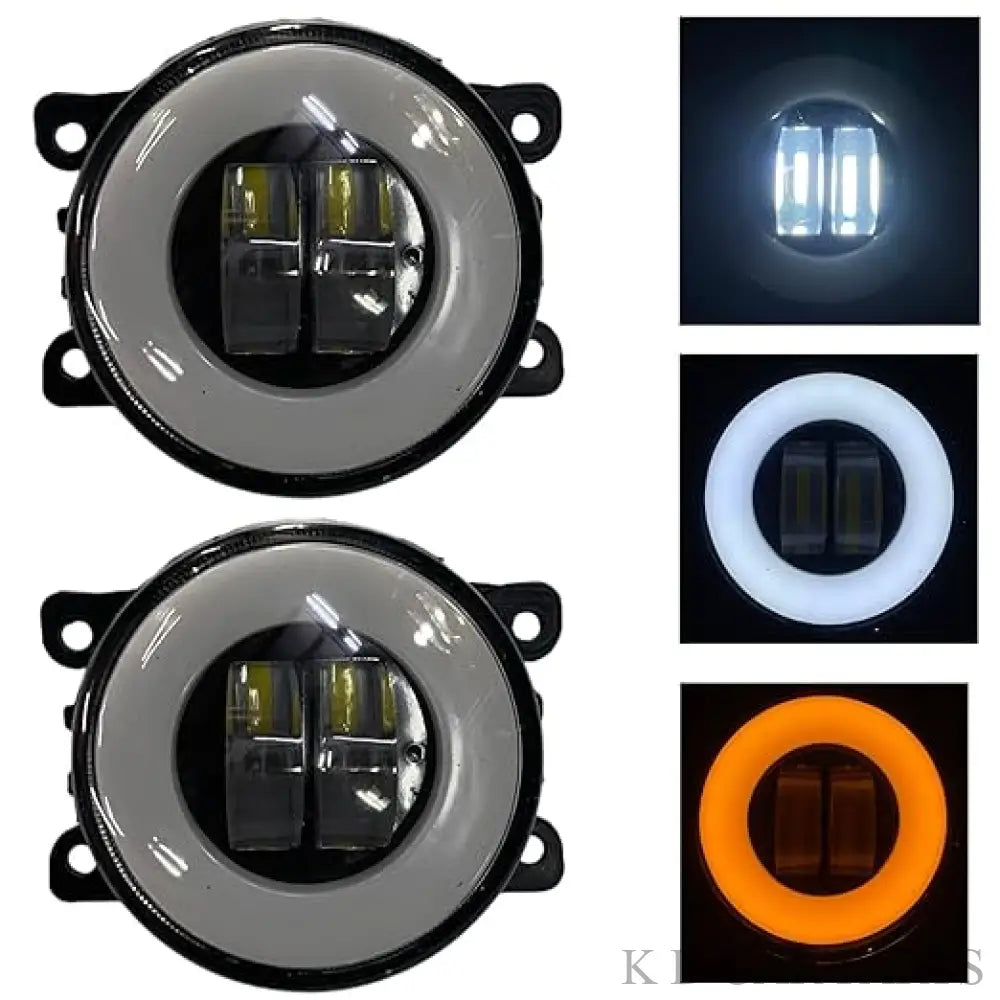 A set of white round LED fog lamps with a black housing, shown in different lighting modes.
