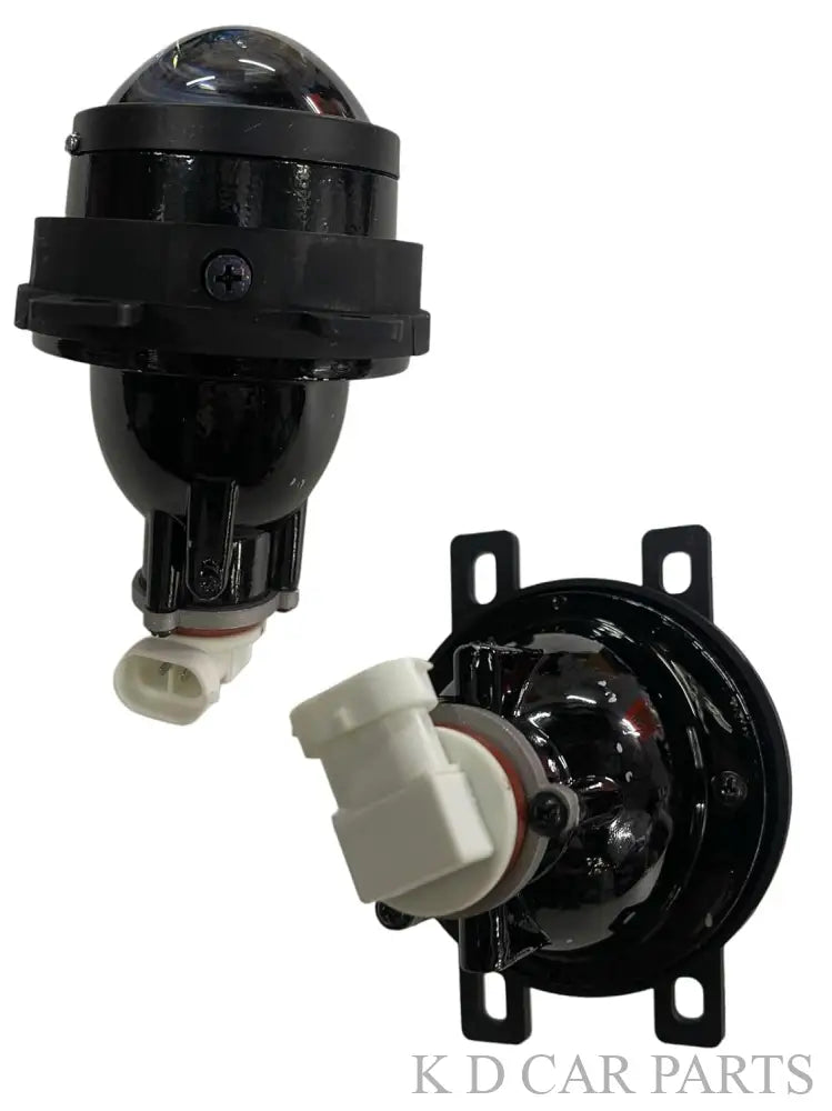 A set of two universal projector fog lamps with black housing and yellow light output, designed for various car models.