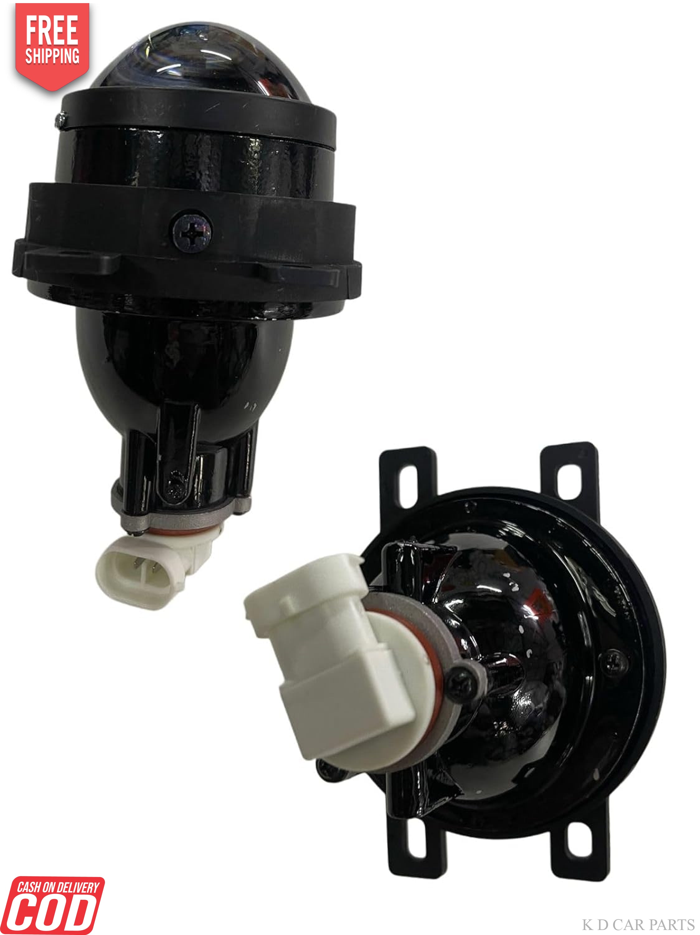 A set of two universal projector fog lamps with black housing and yellow light output, designed for various car models.