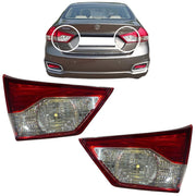 Taillight assembly for Maruti Ciaz featuring red and clear lens configuration with a halogen bulb, displayed alongside the rear end of a brown car showing the current stock light.