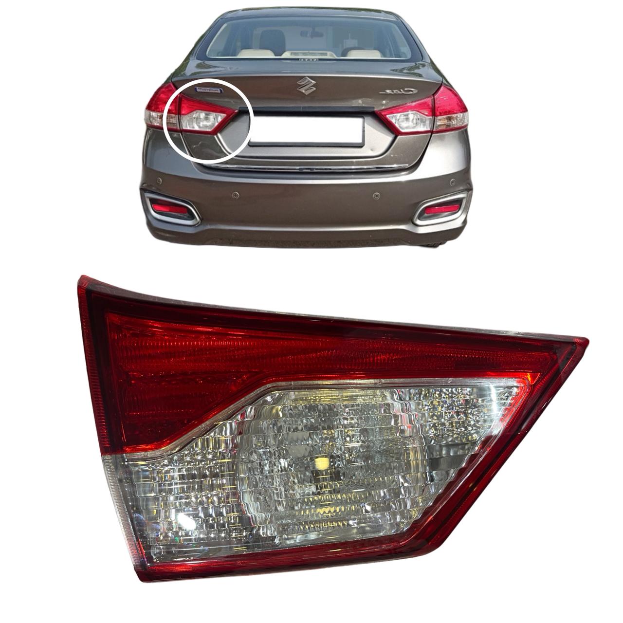 Taillight assembly for Maruti Ciaz featuring red and clear lens configuration with a halogen bulb, displayed alongside the rear end of a brown car showing the current stock light.