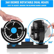 Portable fan with dual heads, 360-degree rotatability, and adjustable blowing range.