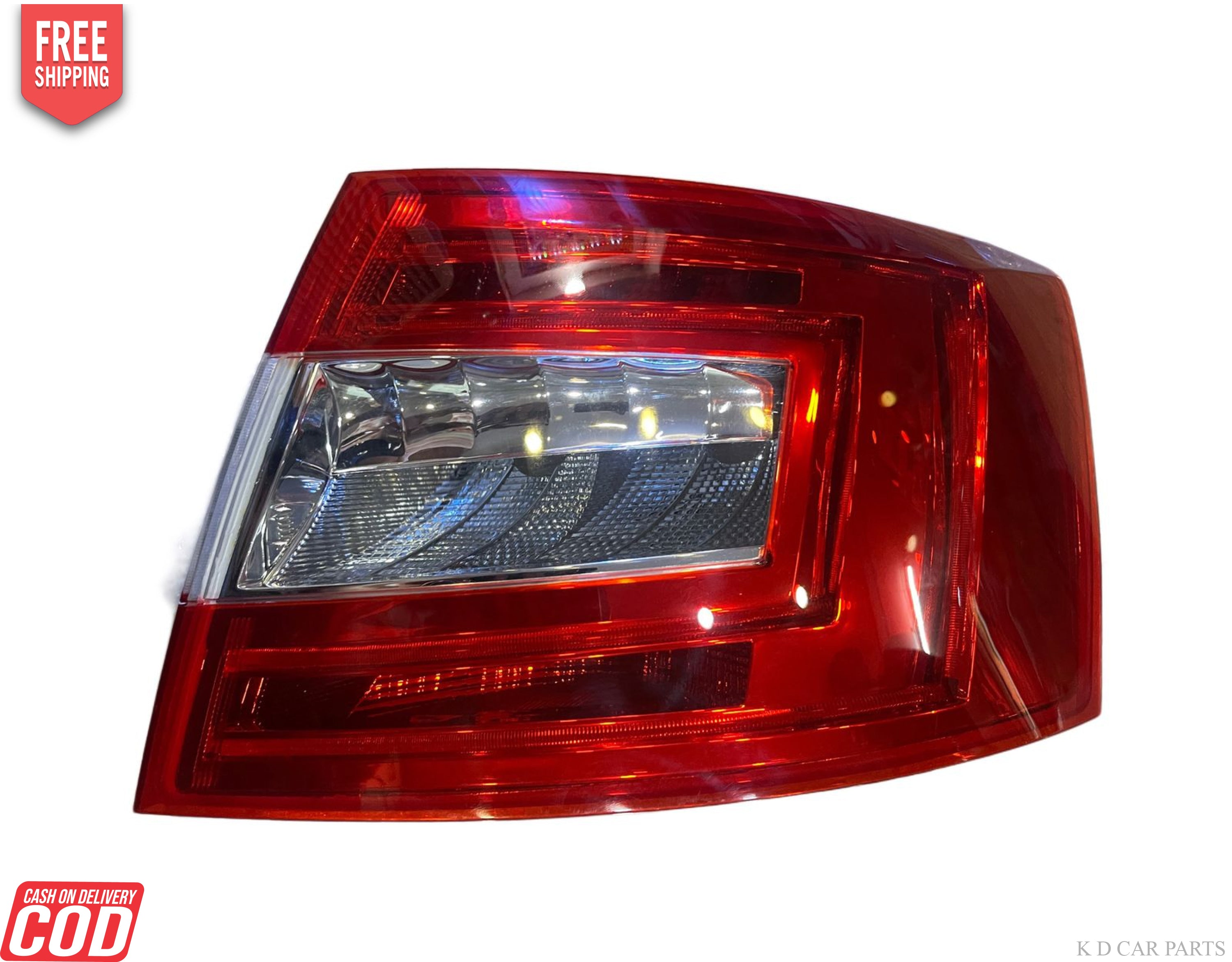 Tail light for Skoda Octavia featuring LED technology, with a clear and red color scheme, including a breakproof glass cover.