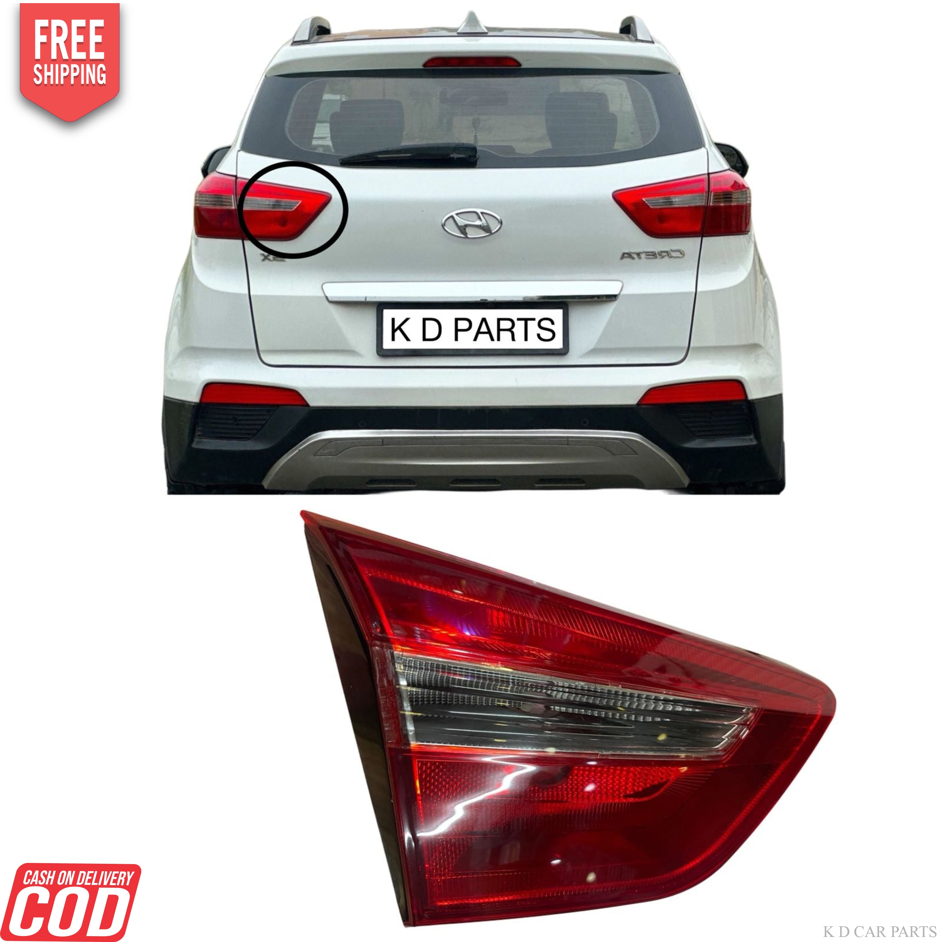 Taillight assembly for Hyundai Creta, showing the light assembly in red color against a white background and installed on a vehicle.