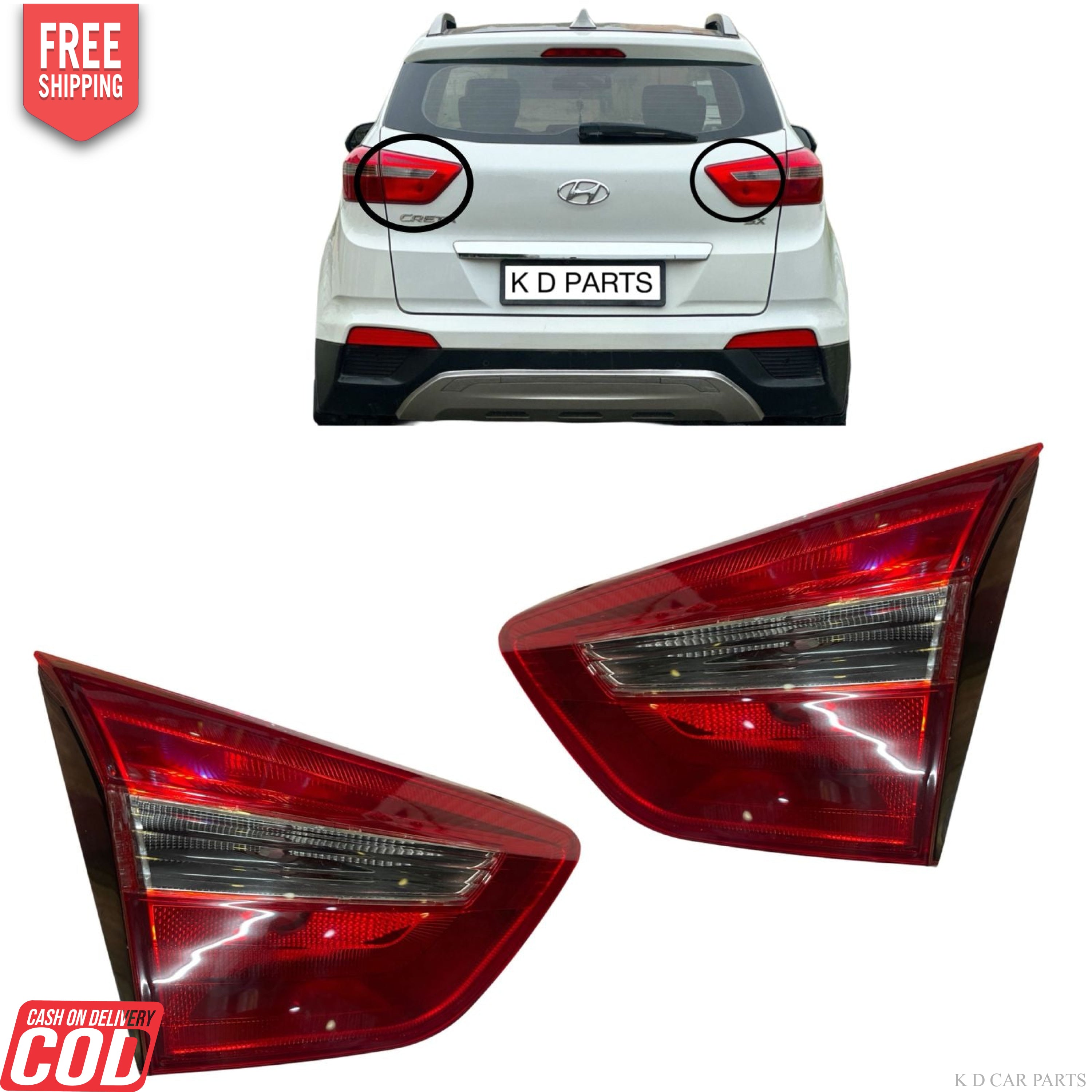 Taillight assembly for Hyundai Creta, showing the light assembly in red color against a white background and installed on a vehicle.