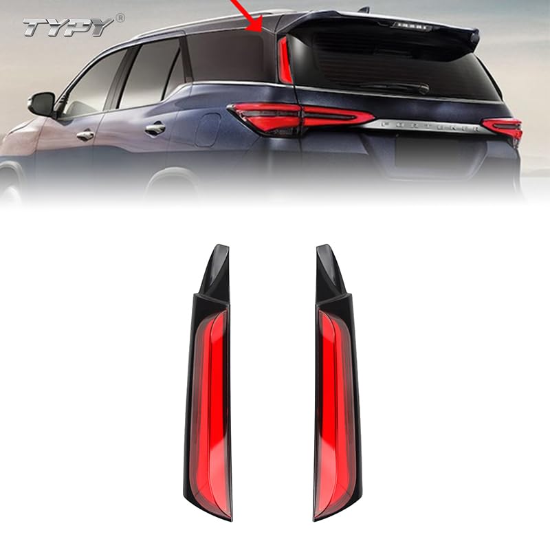 Pair of red LED pillar lights designed for Toyota Fortuner, showing both left and right light units with an illuminated effect on a dark background, and a visual of the lights installed on a vehicle.