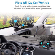 Car fan mounted on a car dashboard with text indicating compatibility with 12v vehicles.