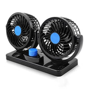 Black dual-rotor fan with blue accents on a white background